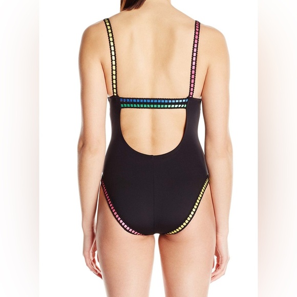 La Blanca V Neck Black Rainbow One Piece Swimsuit Threading Along - Size 4 - Picture 4 of 14